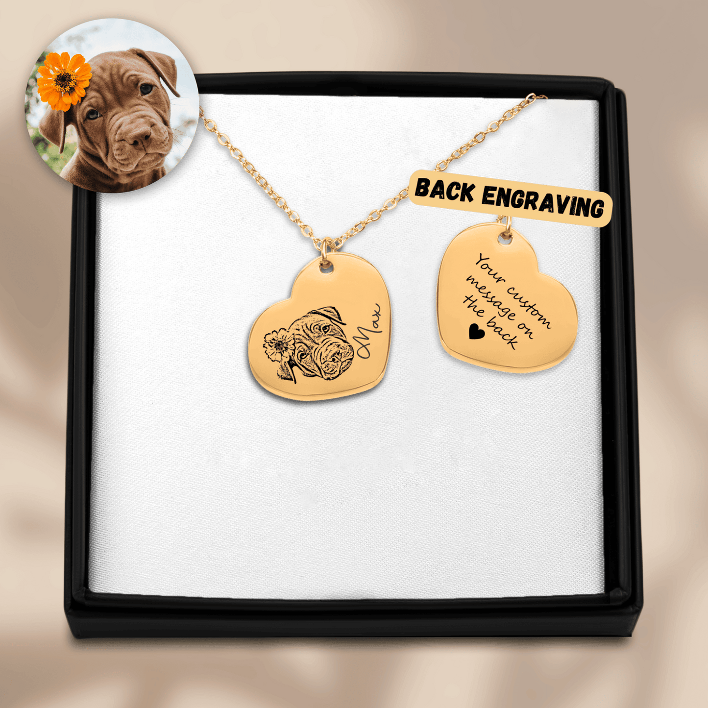 Pet Portrait Heart Necklace custom engraved necklaces